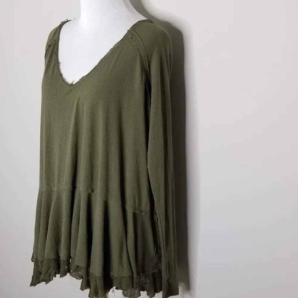 New Free People Tangerine Green Ruffled Top S